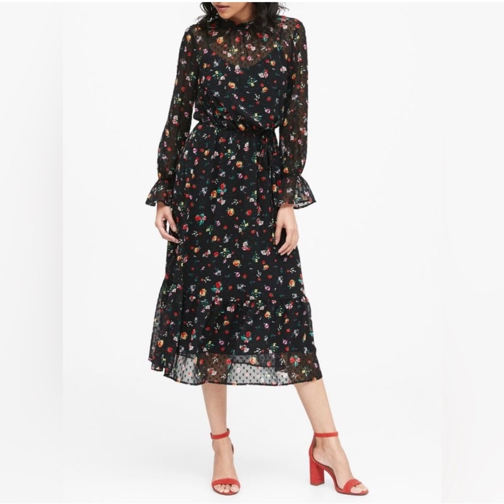 NWT Banana Republic Clipdot Floral chiffon‎ Black Midi Dress